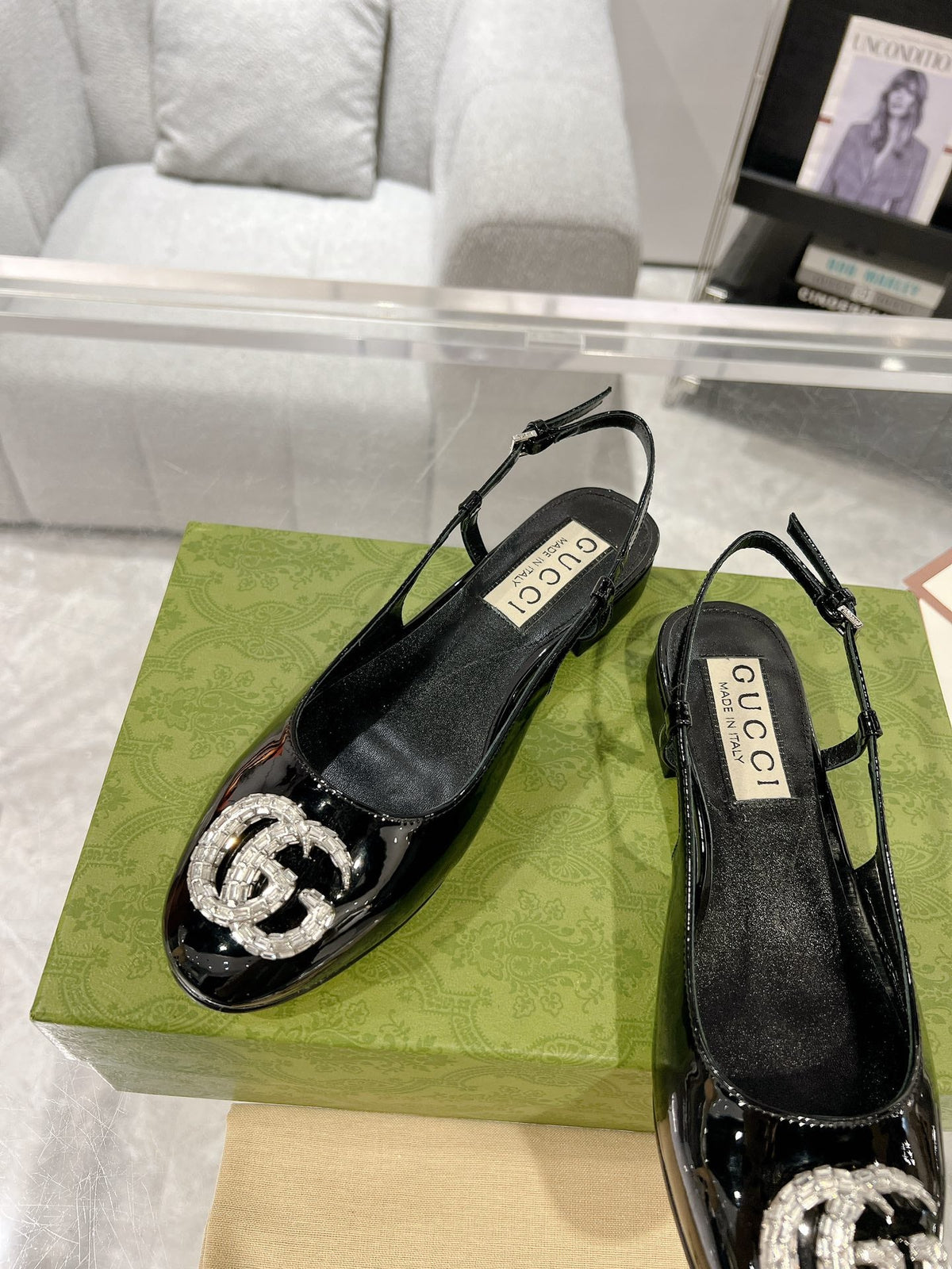 GG CRYSTALS SLINGBACK BALLET BLACK CALFSKIN