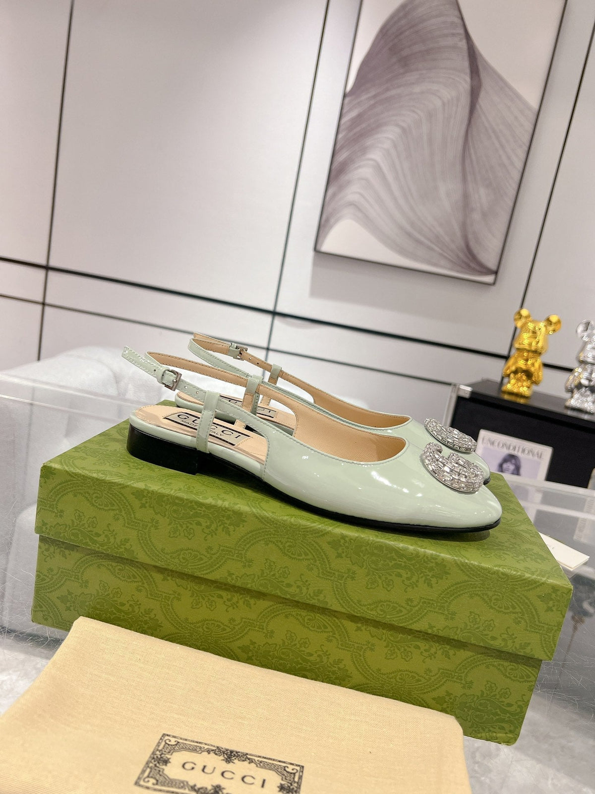 GG CRYSTALS SLINGBACK BALLET SAGE CALFSKIN