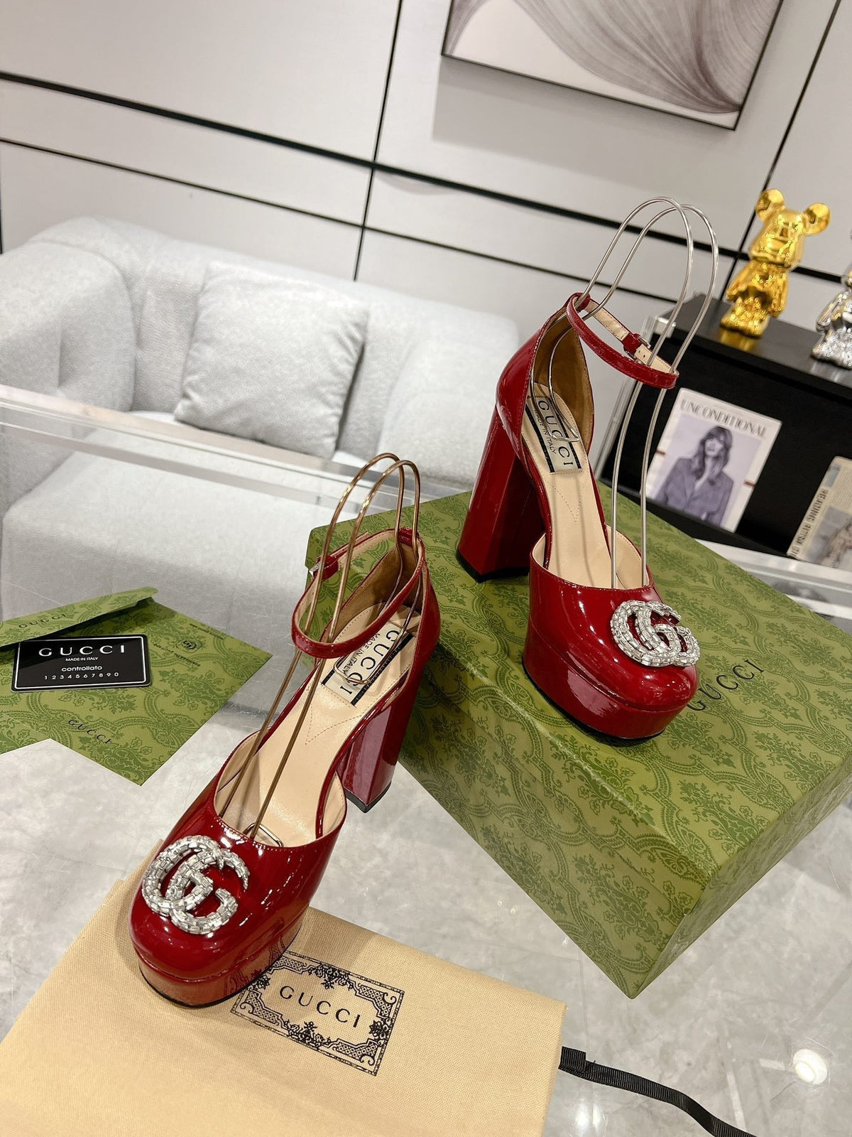 GG CRYSTALS PLATFORM PUMPS SCARLET CALFSKIN