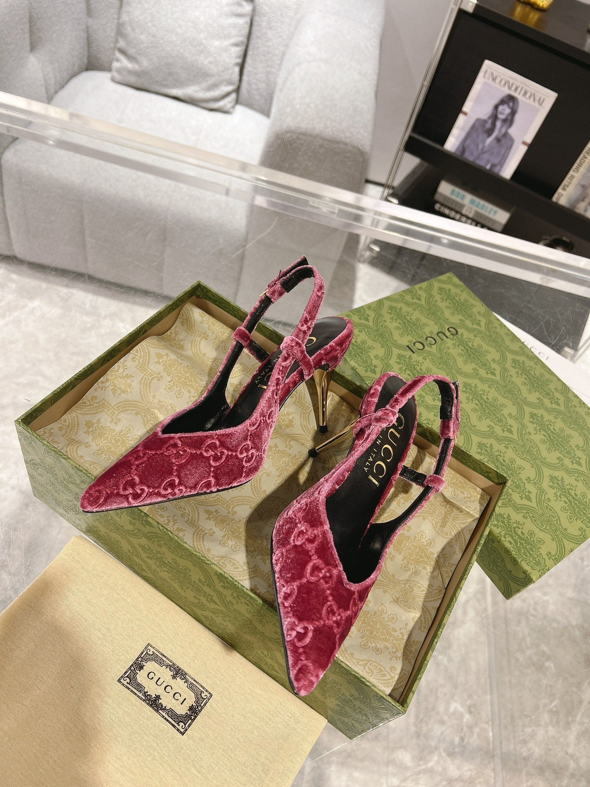 GG SLINGBACK HIGH HEEL PUMP MAGENTA VELVET