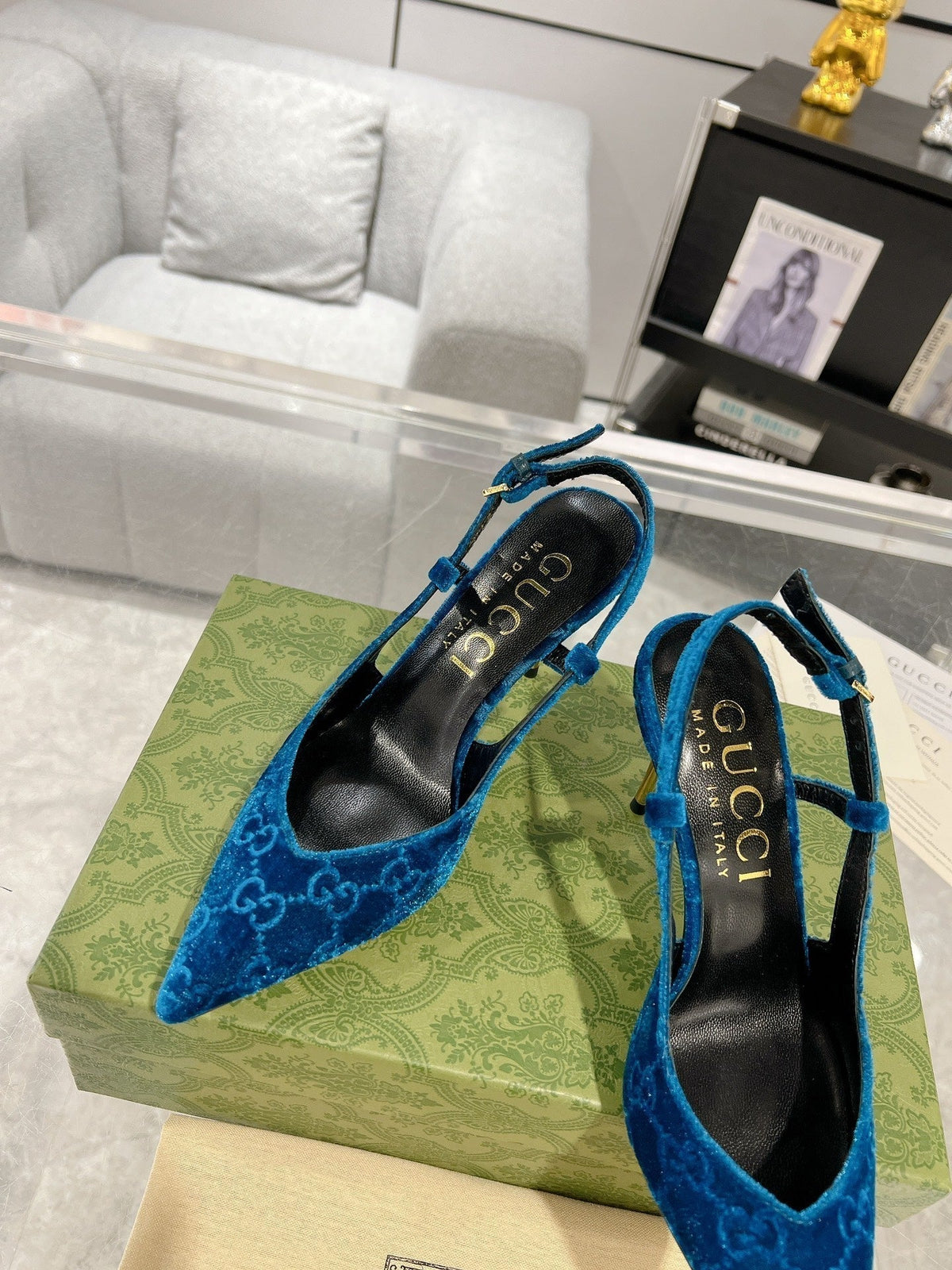 GG SLINGBACK HIGH HEEL PUMP AZURE VELVET