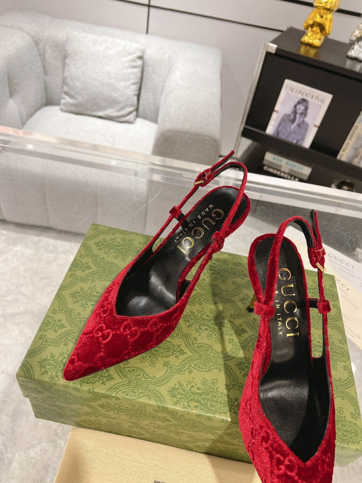 GG SLINGBACK HIGH HEEL PUMP CHERRY VELVET
