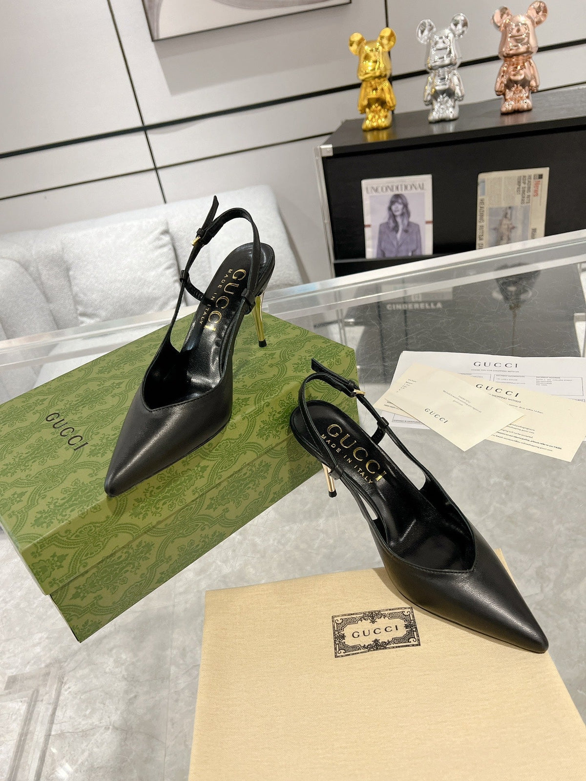GG SLINGBACK HIGH HEEL PUMP BLACK CALFSKIN