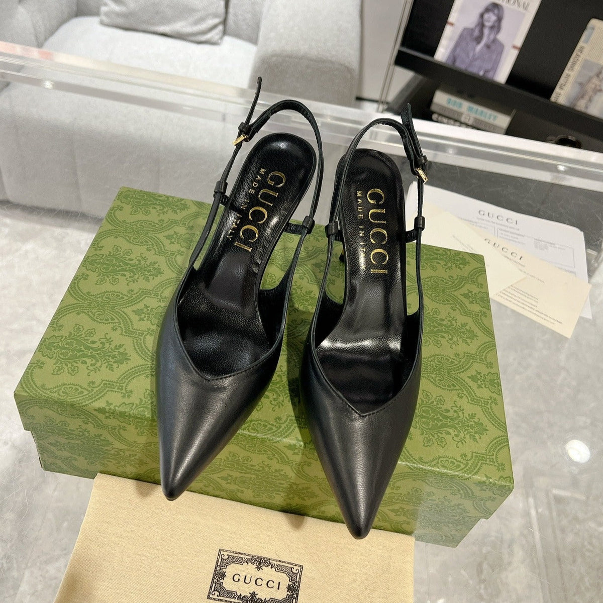 GG SLINGBACK HIGH HEEL PUMP BLACK CALFSKIN