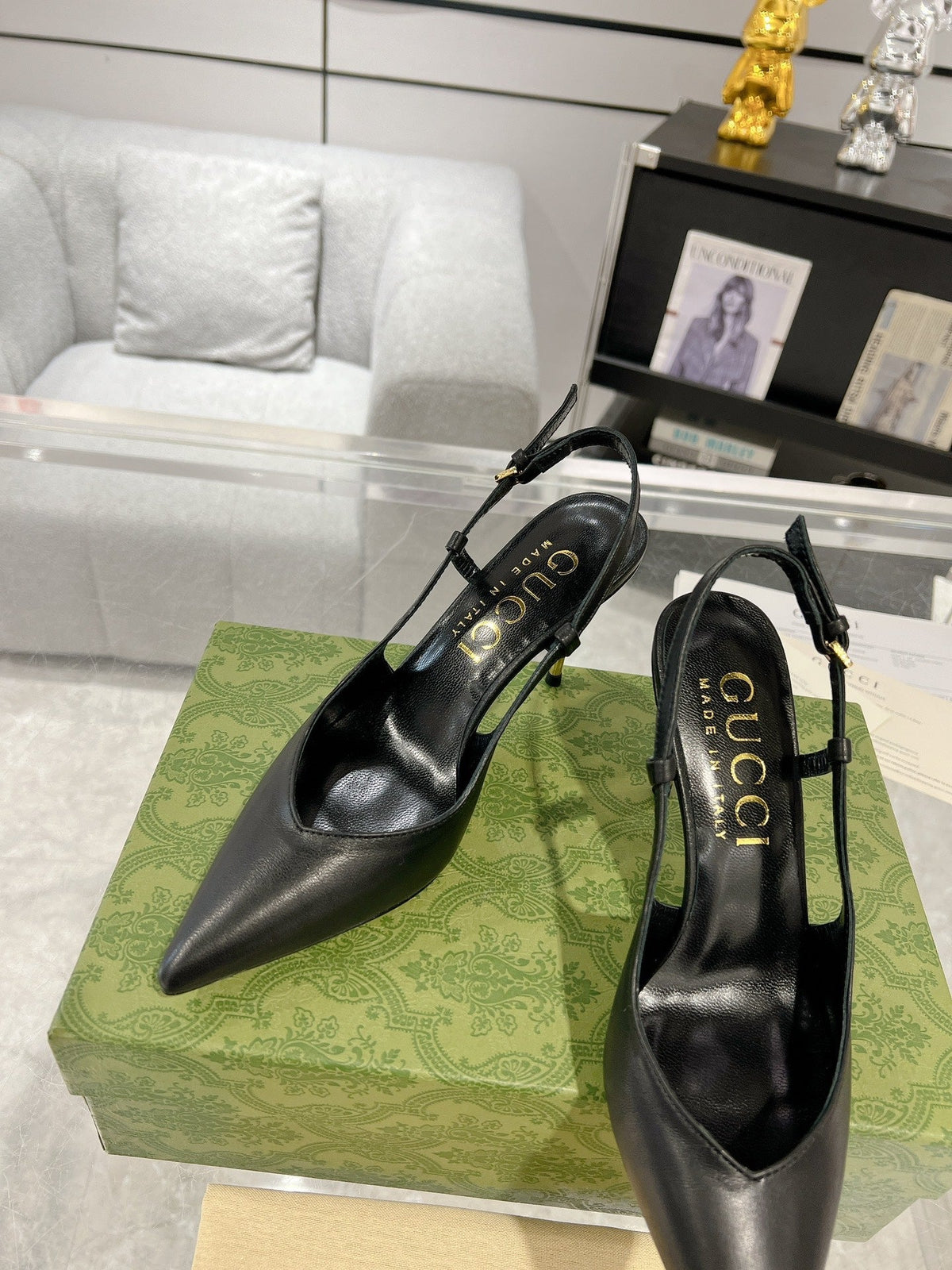 GG SLINGBACK HIGH HEEL PUMP BLACK CALFSKIN
