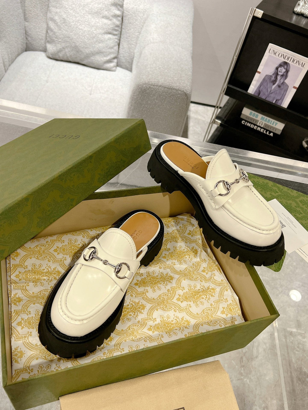 GG MULE WITH HORSEBIT WHITE CALFSKIN