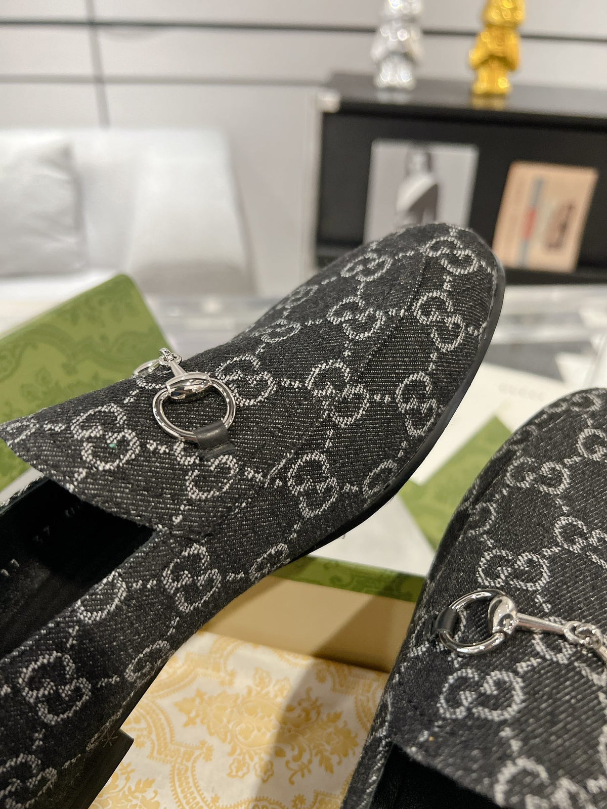 MEN'S LOAFER WITH HORSEBIT IN BLACK MONOGRAM JACQUARD FABRIC