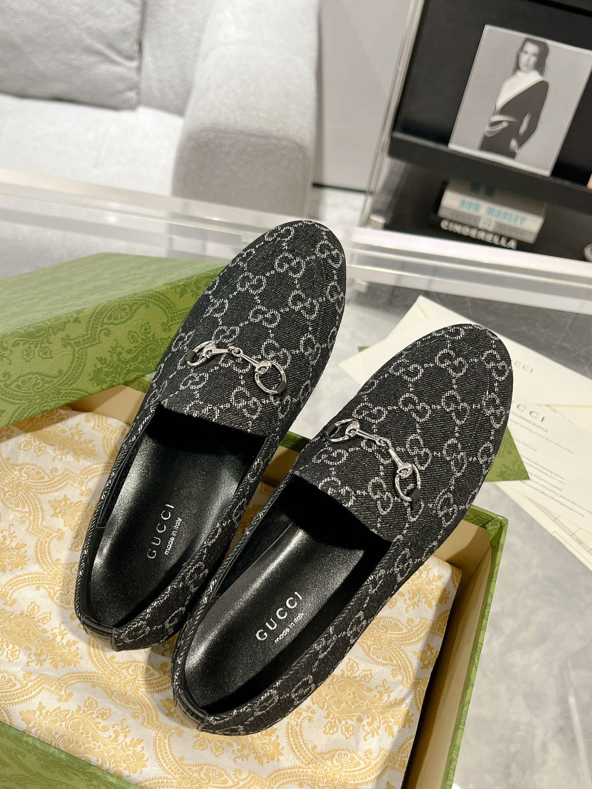 MEN'S LOAFER WITH HORSEBIT IN BLACK MONOGRAM JACQUARD FABRIC