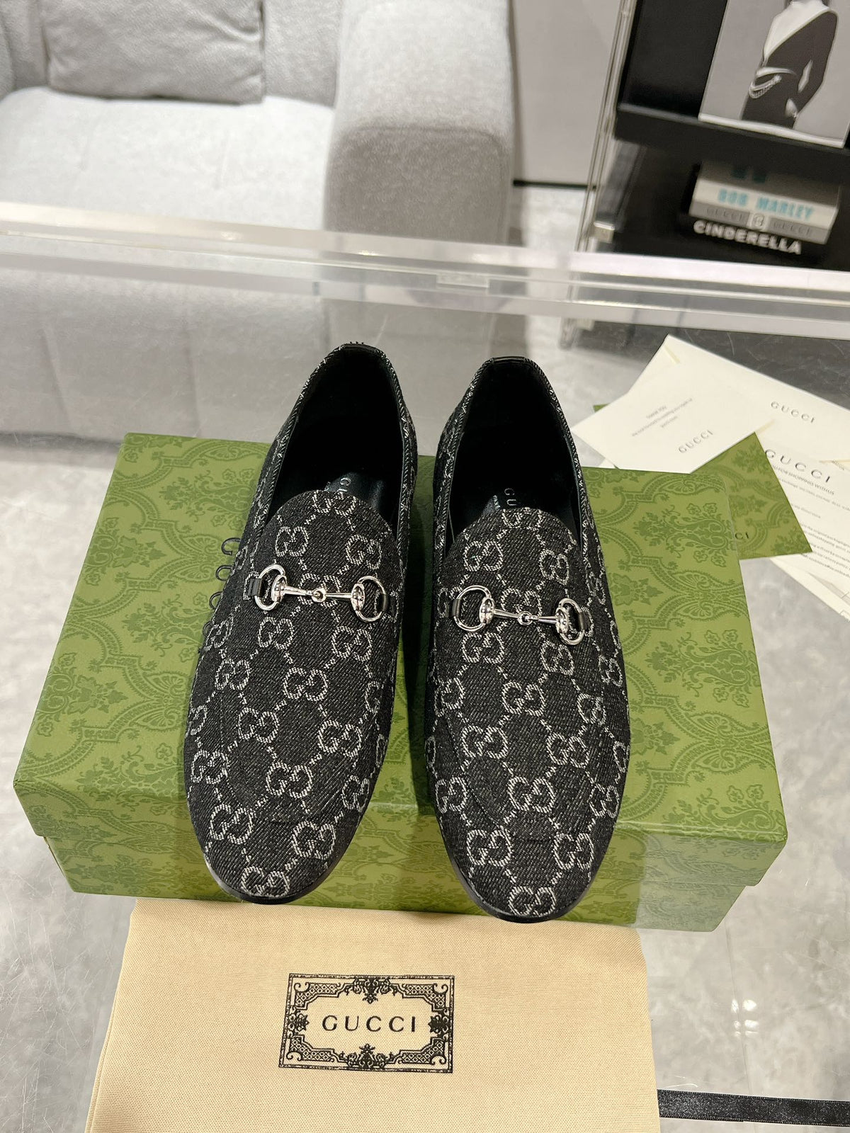 MEN'S LOAFER WITH HORSEBIT IN BLACK MONOGRAM JACQUARD FABRIC