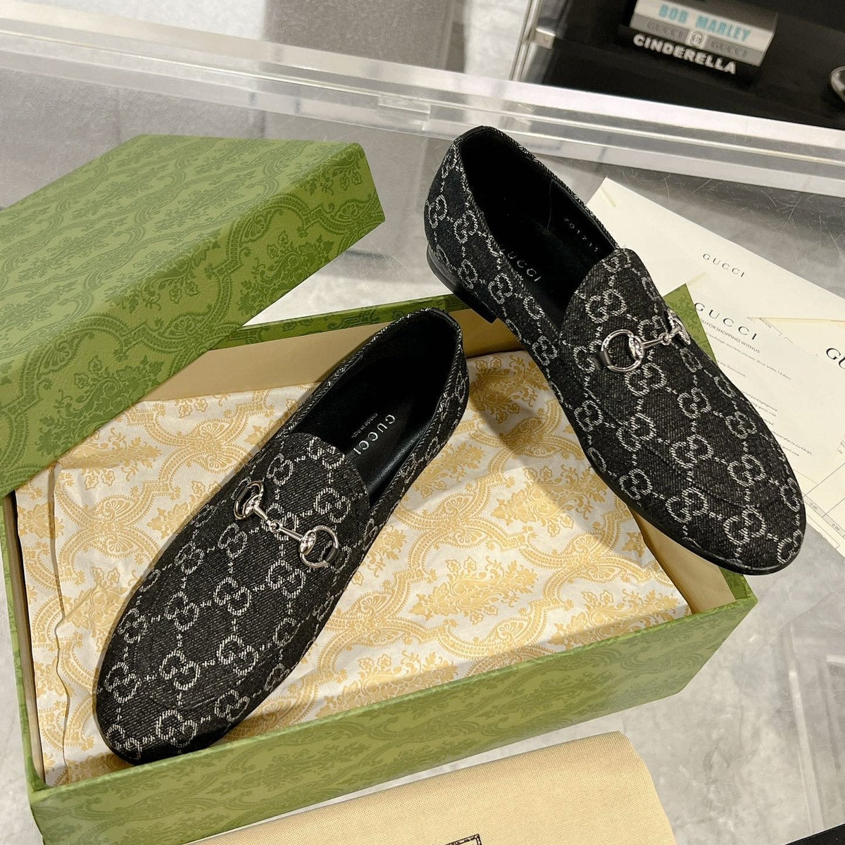 MEN'S LOAFER WITH HORSEBIT IN BLACK MONOGRAM JACQUARD FABRIC
