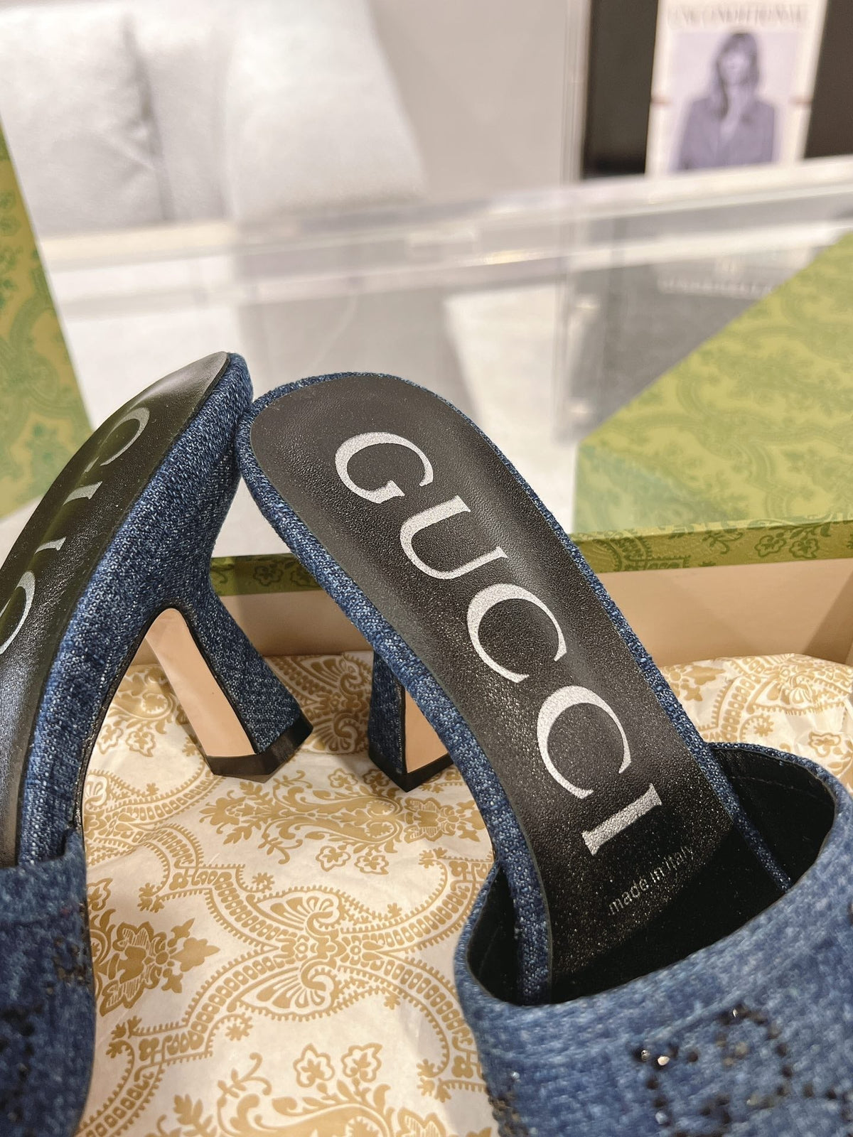 GG CRYSTALS HIGH SANDAL DENIM CANVAS