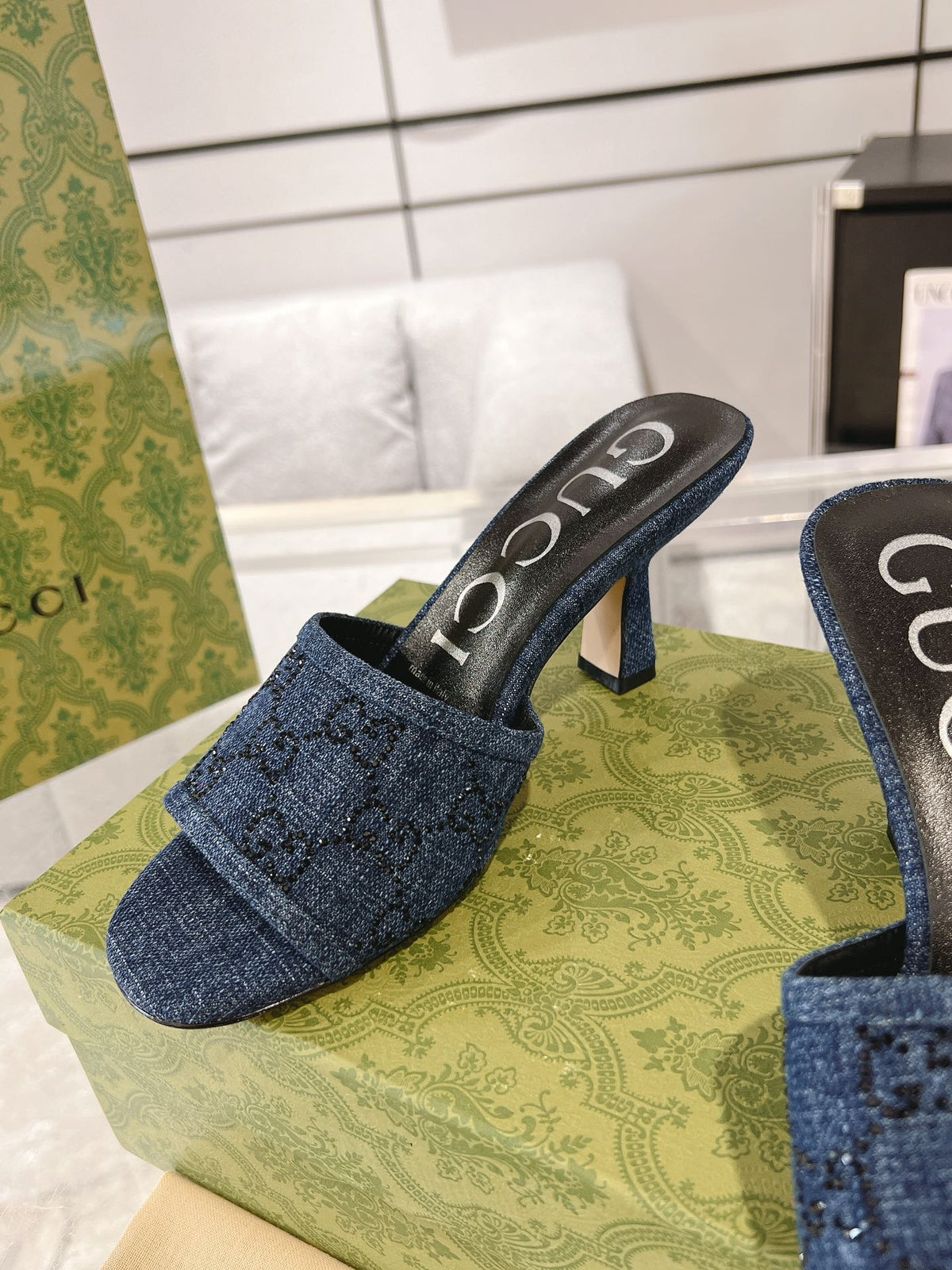 GG CRYSTALS HIGH SANDAL DENIM CANVAS