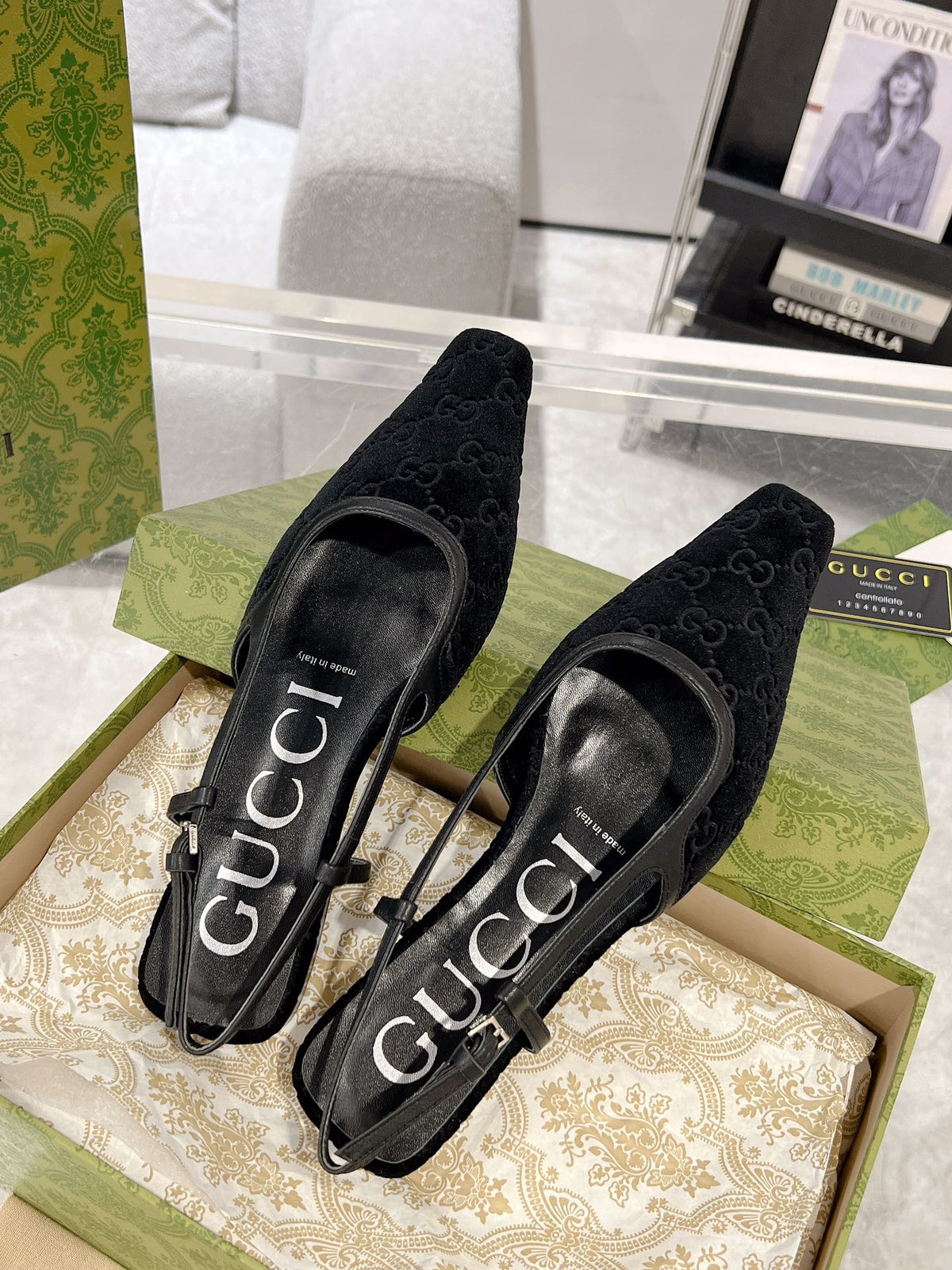 GG SLINGBACK FLATS BLACK VELVET
