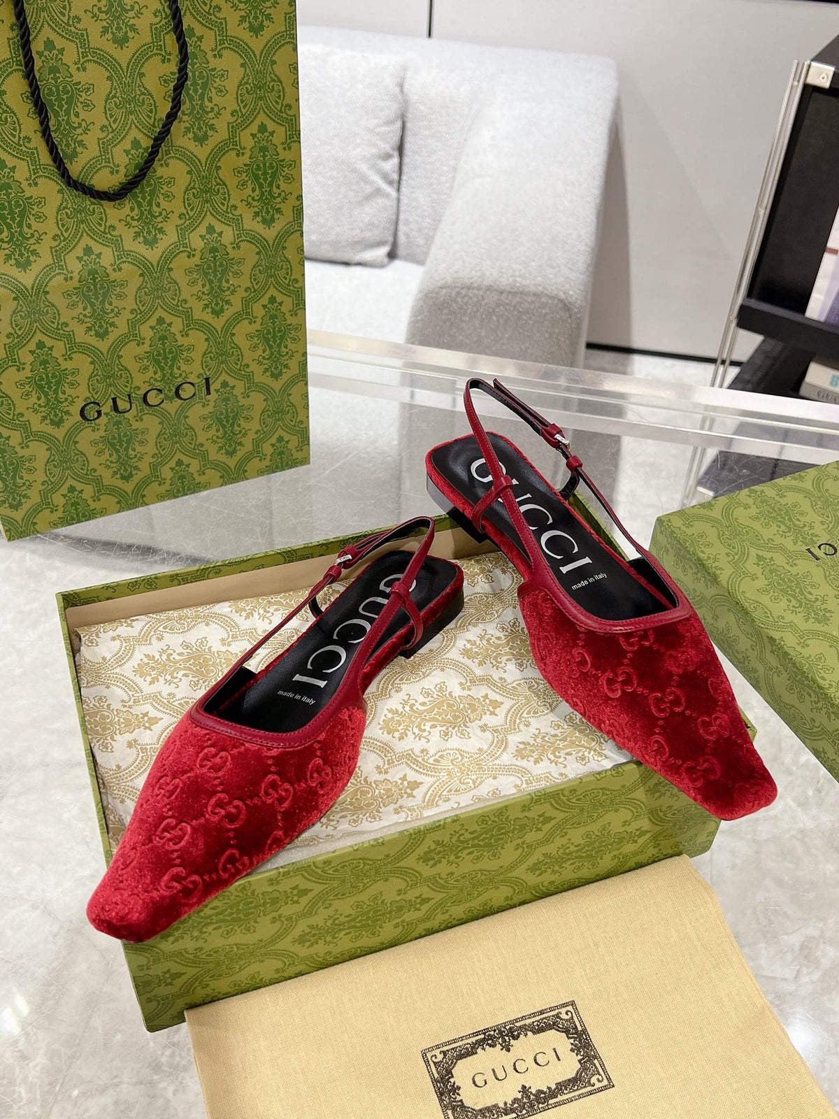 GG SLINGBACK FLATS CHERRY VELVET