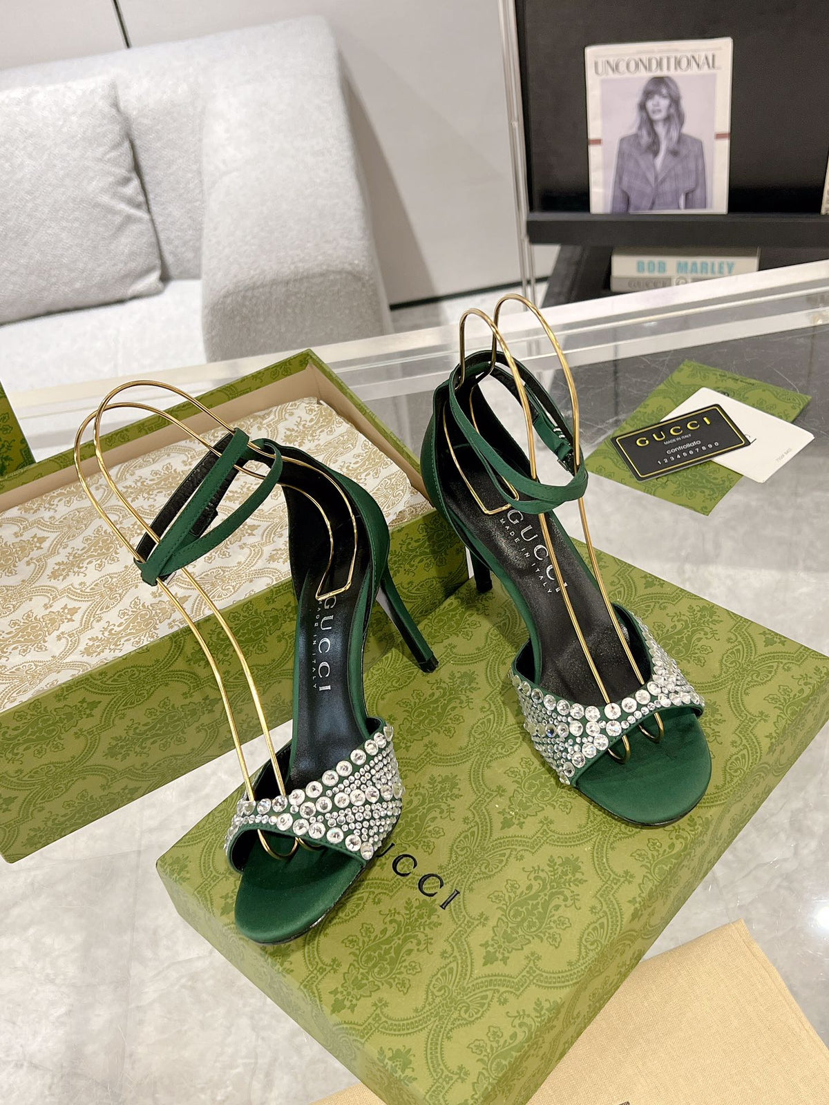 GG CRYSTAL ASTLETON GREEN HIGH HEEL SANDALS SATIN