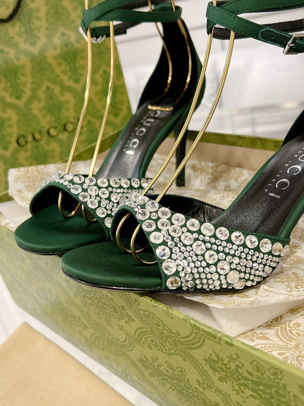 GG CRYSTAL ASTLETON GREEN HIGH HEEL SANDALS SATIN