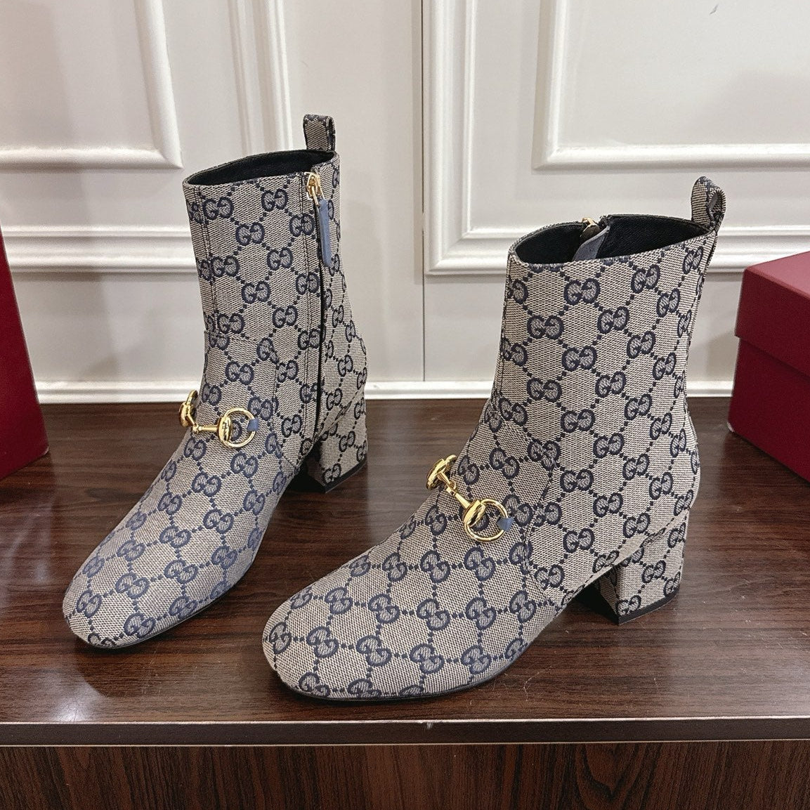 Gucci Horsebit Chunky Heel Ankle Boots Blue Ebony Cowhide Fabric 490558