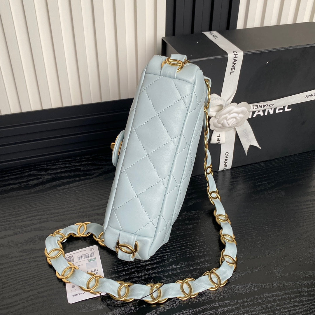 CC 24K Mini Flap Bag 21cm Cloud Blue Lambskin Gold Hardware