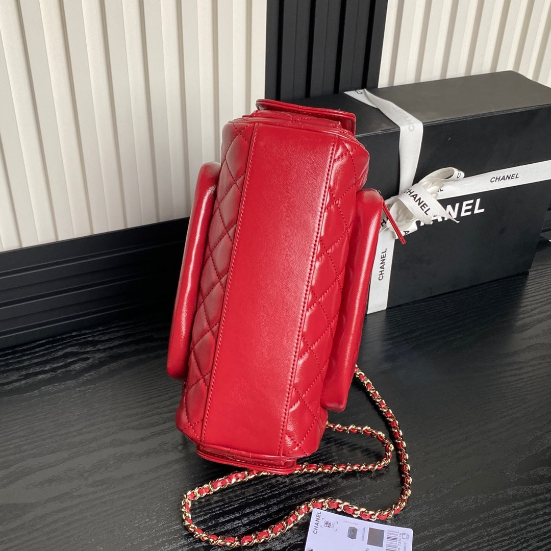 24K Camera Bag Red Calfskin Gold Hardware