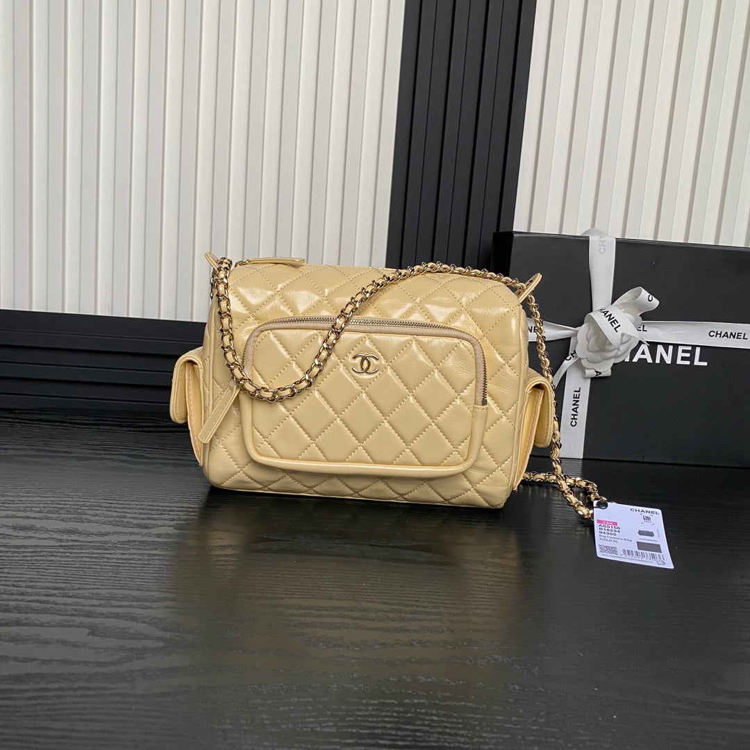24K Camera Bag Beige Calfskin Gold Hardware