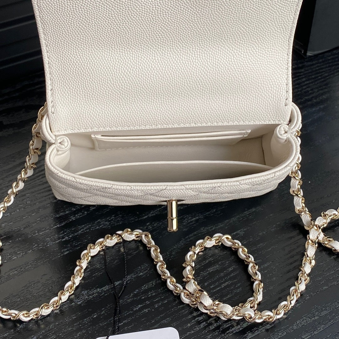 CC 24K Coco Handle Nano 14.5cm White Grained Calfskin Gold Hardware