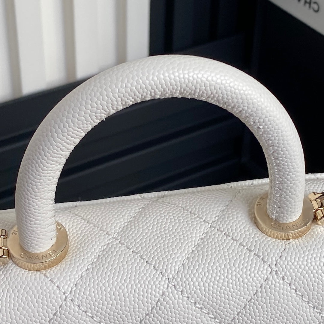 CC 24K Coco Handle Nano 14.5cm White Grained Calfskin Gold Hardware