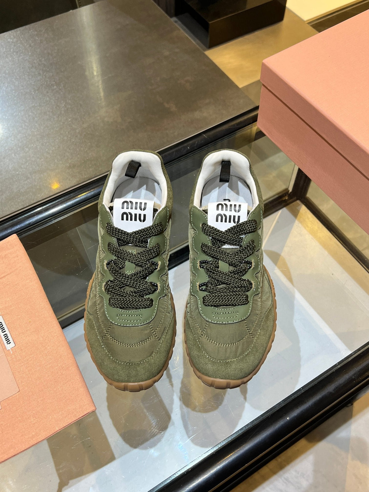 MIU 26ss Sneaker Moss Green Fabric Suede 625653