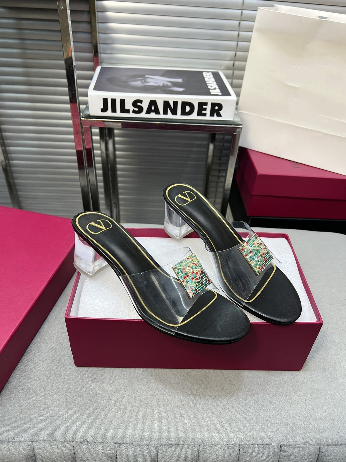 Heeled Sandals 6cm with Crystal Square Buckle Black