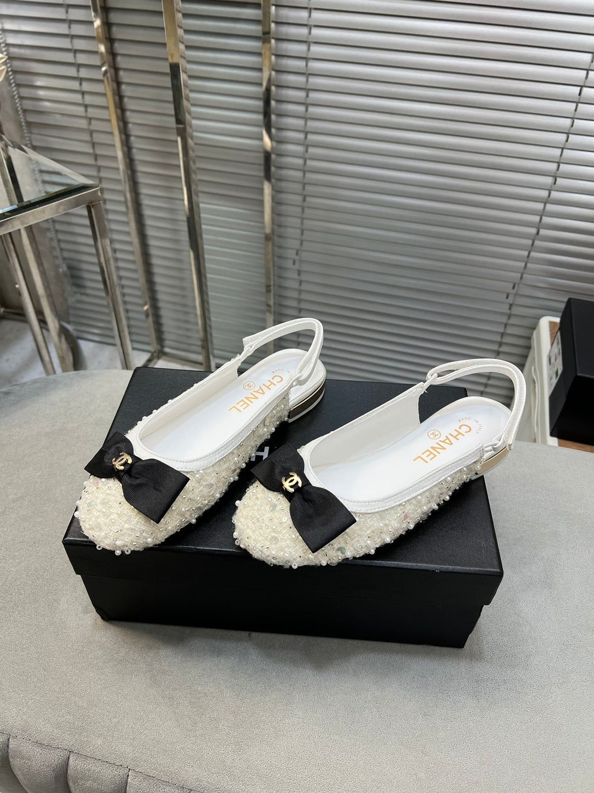 slingbacks flat white bowl glitter sequins