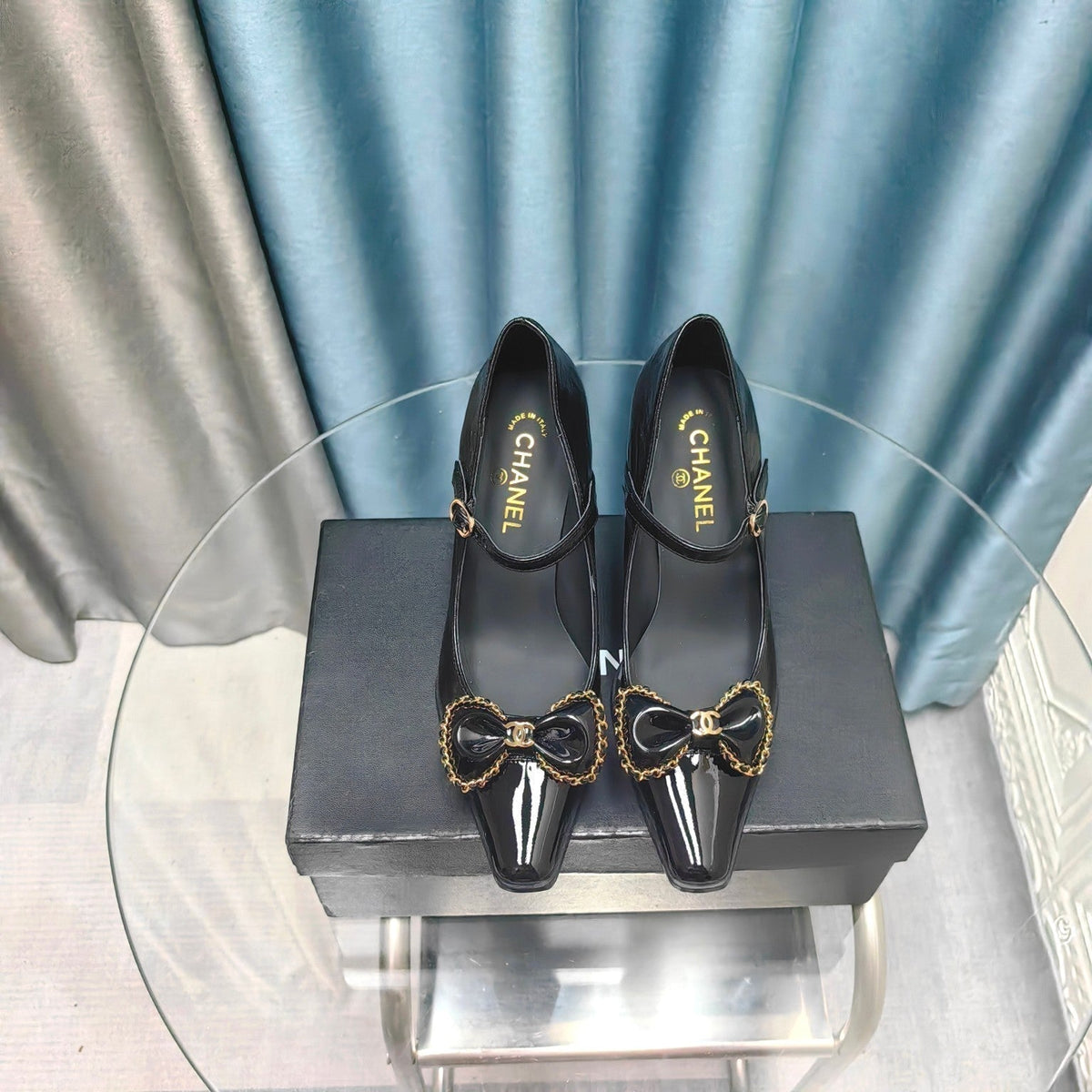 CC High Mary Janes Black Bow Wrinkled Lambskin