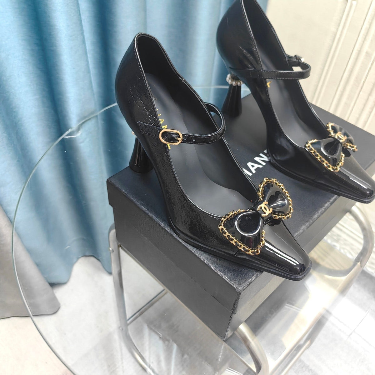 CC High Mary Janes Black Bow Wrinkled Lambskin