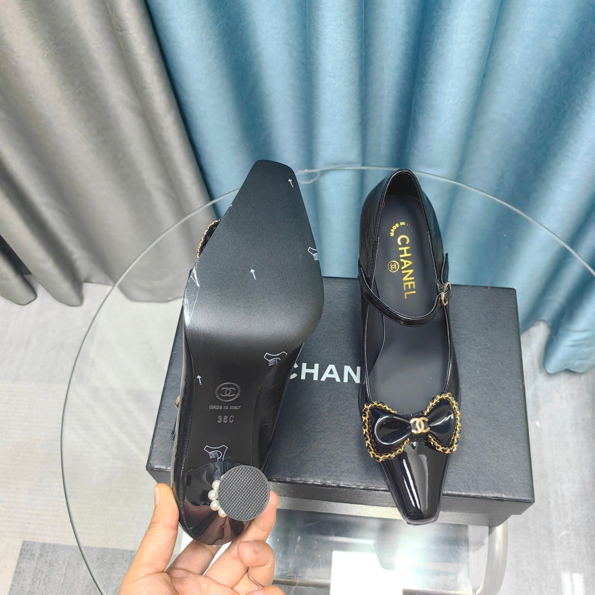 CC High Mary Janes Black Bow Wrinkled Lambskin