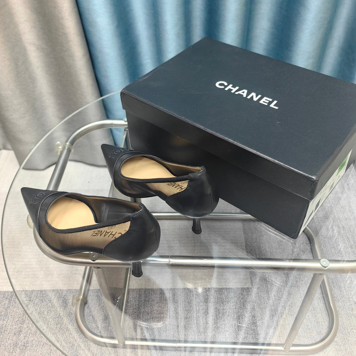 CC Pumps 50 Black Mesh Leather Pointed Toe