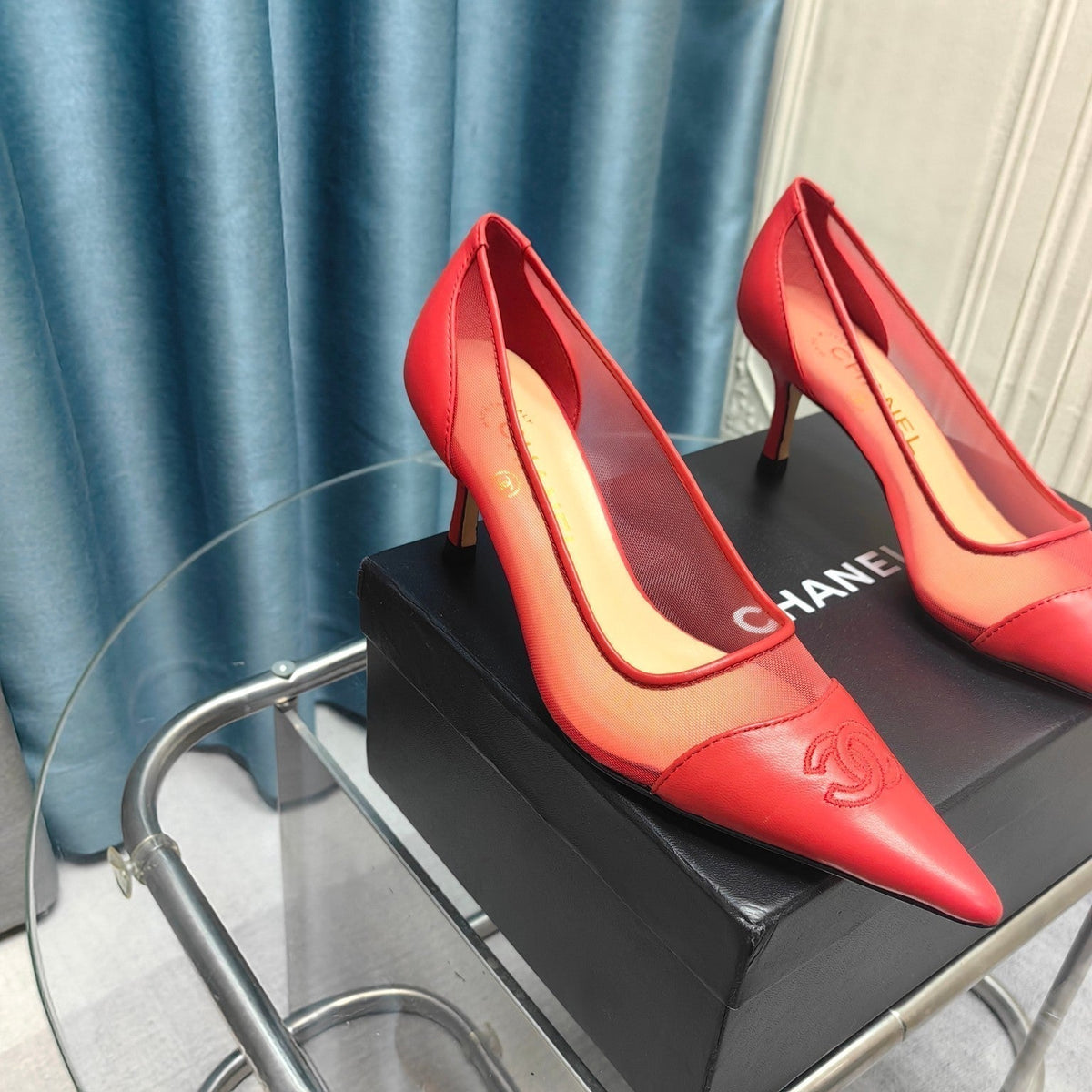 CC Pumps 50 Red Mesh Leather Pointed Toe