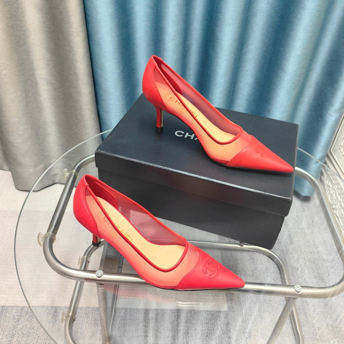 CC Pumps 50 Red Mesh Leather Pointed Toe