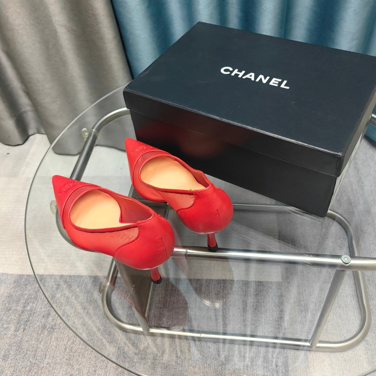 CC Pumps 50 Red Mesh Leather Pointed Toe