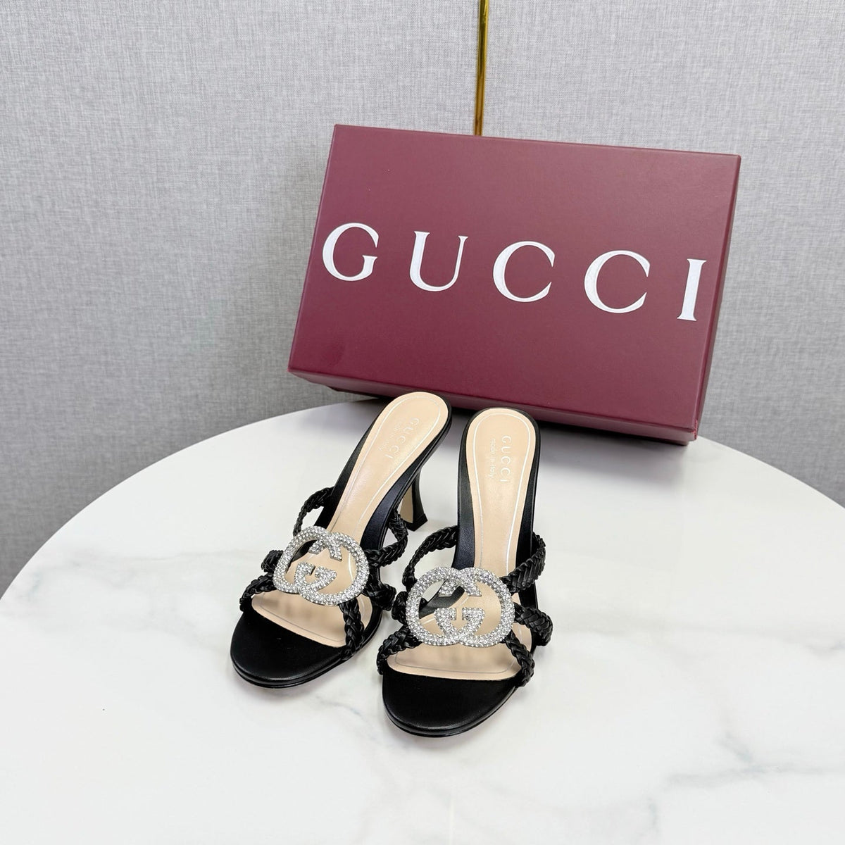 GG 26s Sandals 6.5cm With Crystal Interlocking G Black Leather 639948