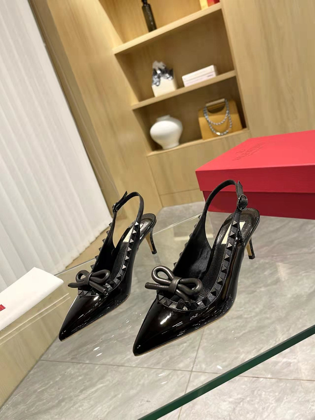 Valentino Rockstud Bow Slingback Pumps 65mm Patent Leather