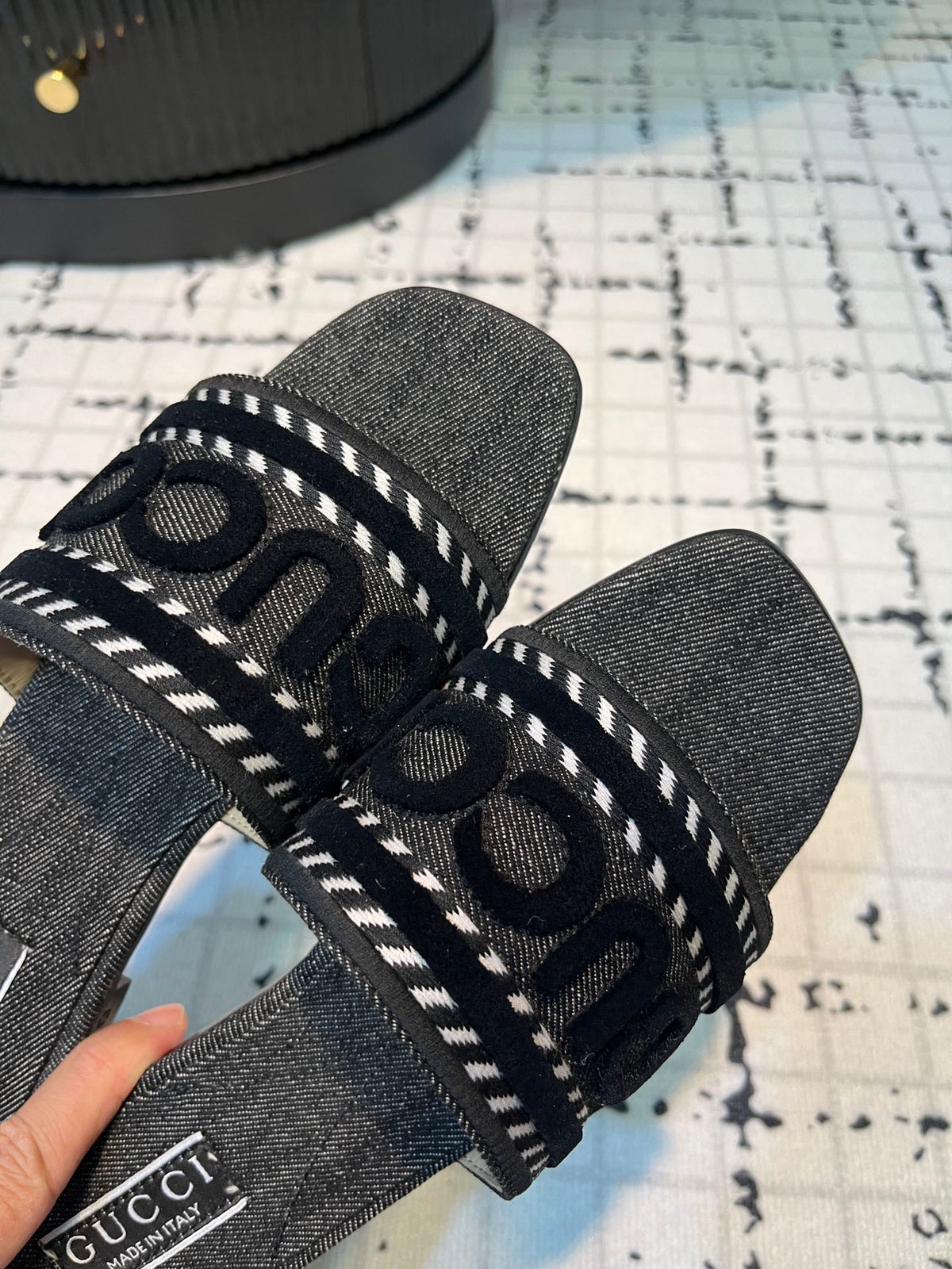 GG SLIDE SANDAL WITH GUCCI SCRIPT BLACK DENIM