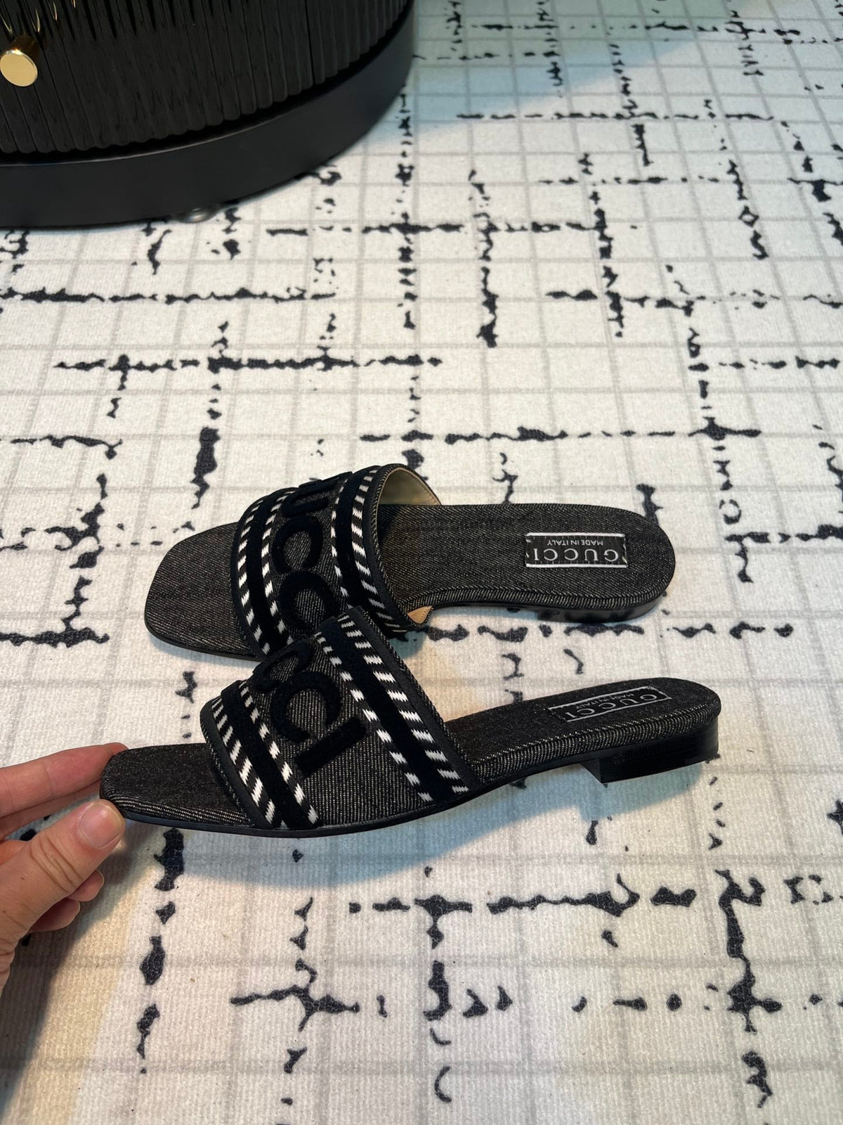 GG SLIDE SANDAL WITH GUCCI SCRIPT BLACK DENIM