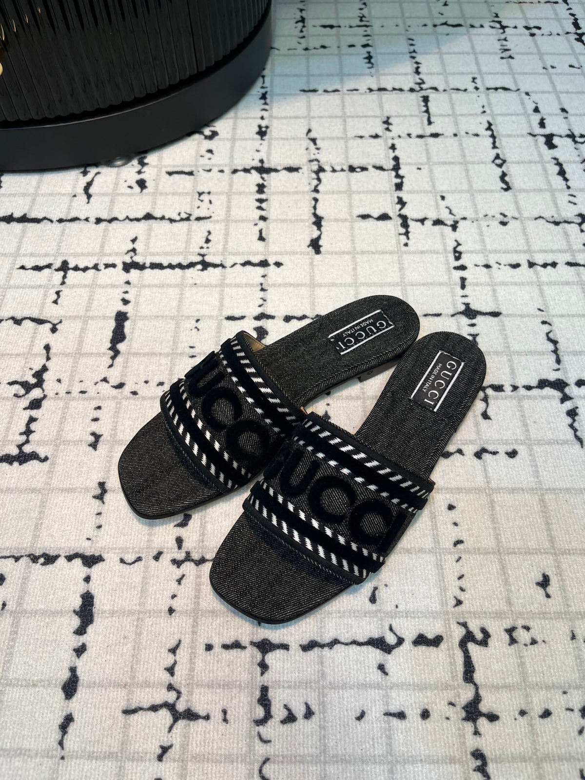 GG SLIDE SANDAL WITH GUCCI SCRIPT BLACK DENIM