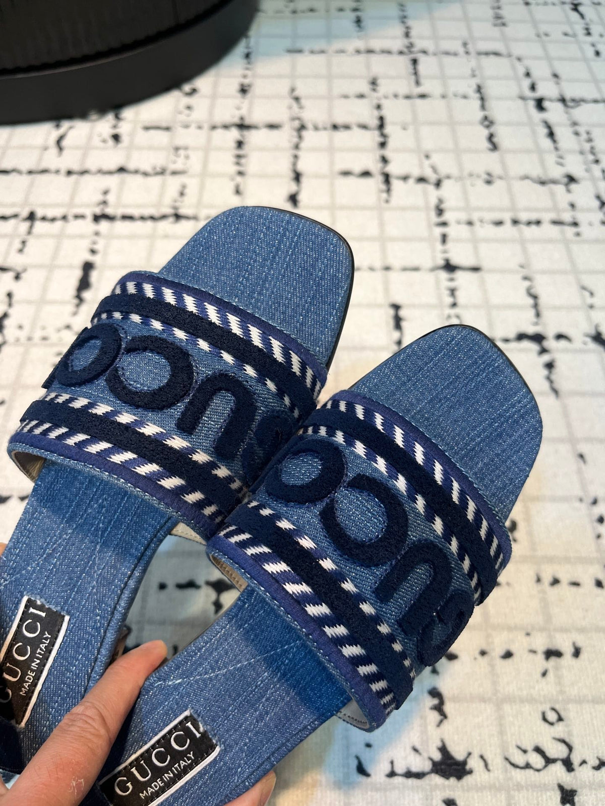 GG SLIDE SANDAL WITH GUCCI SCRIPT AEGEAN DENIM