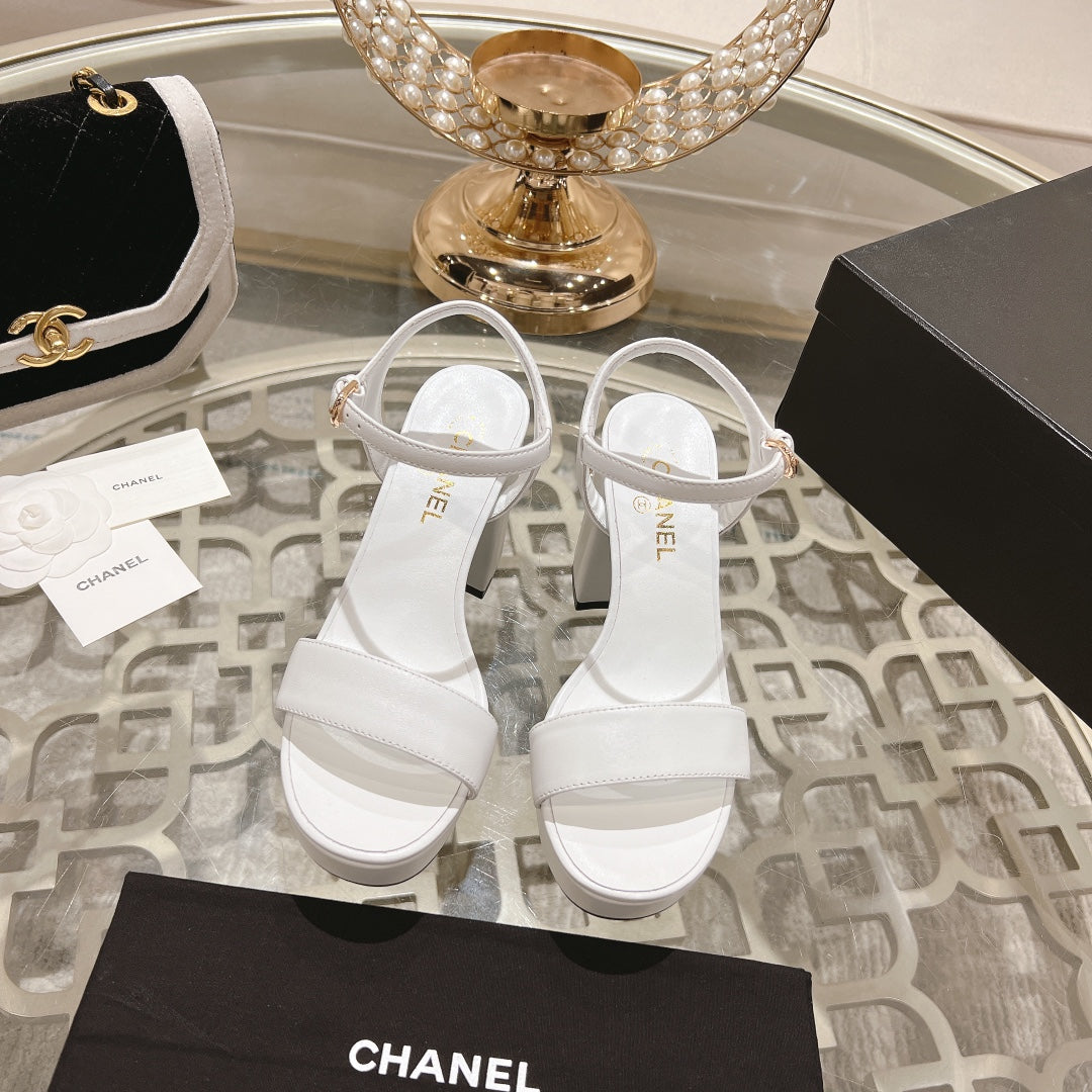 CC 25C 10CM Mid Heed Sandals White Italian Leather 213319