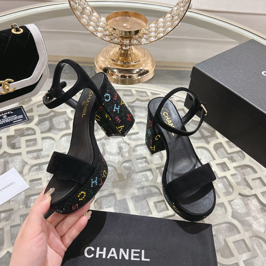 CC 25C 10CM Mid Heed Sandals Black Suede 213328