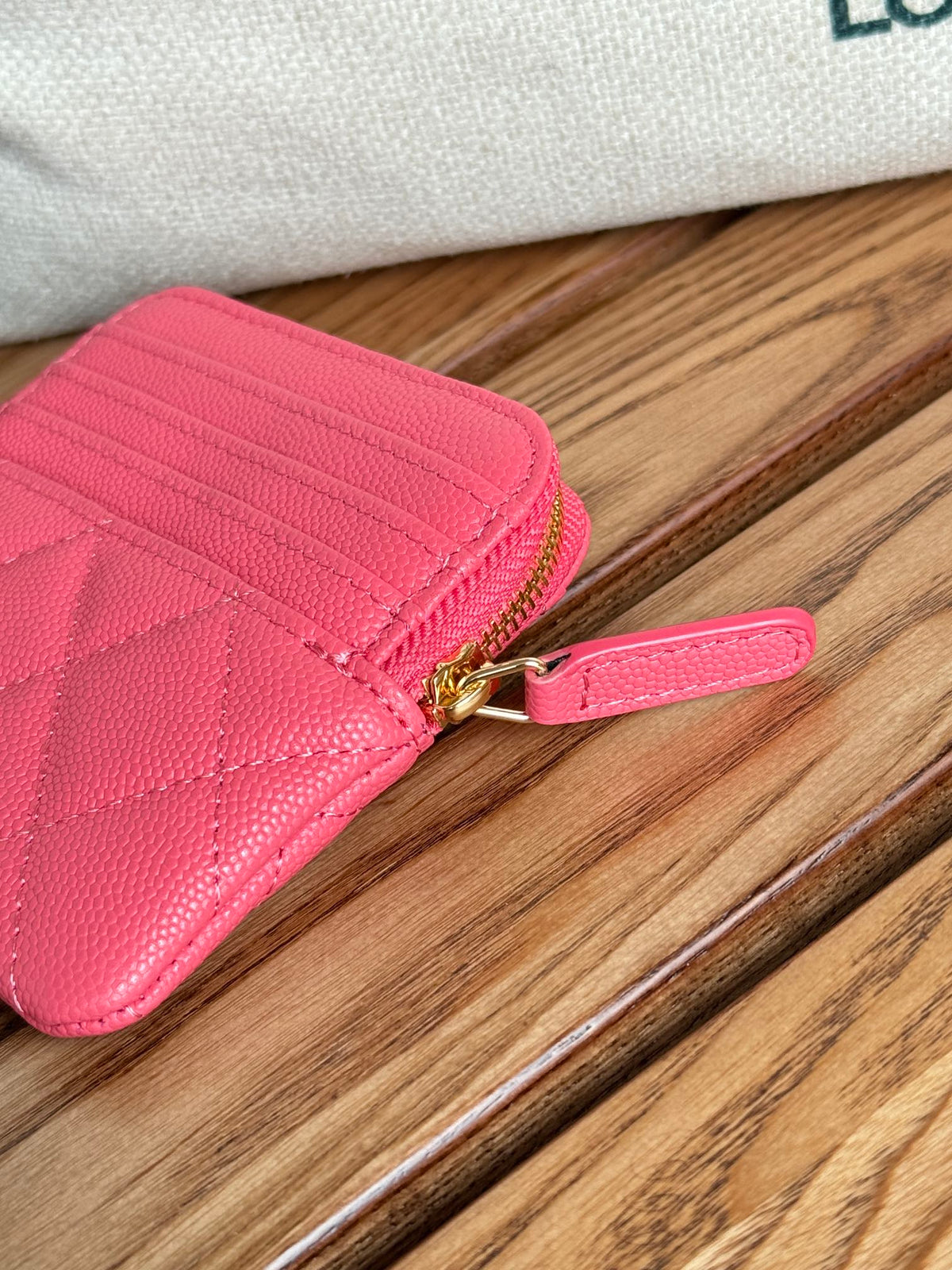 CC Zip Card Holder Wallet Pink Gold Metal Caviar 240613