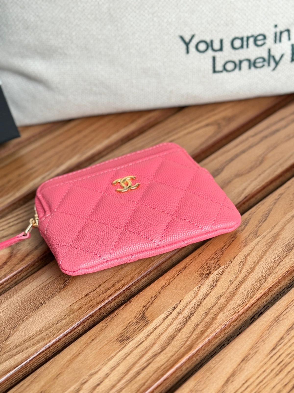 CC Zip Card Holder Wallet Pink Gold Metal Caviar 240613
