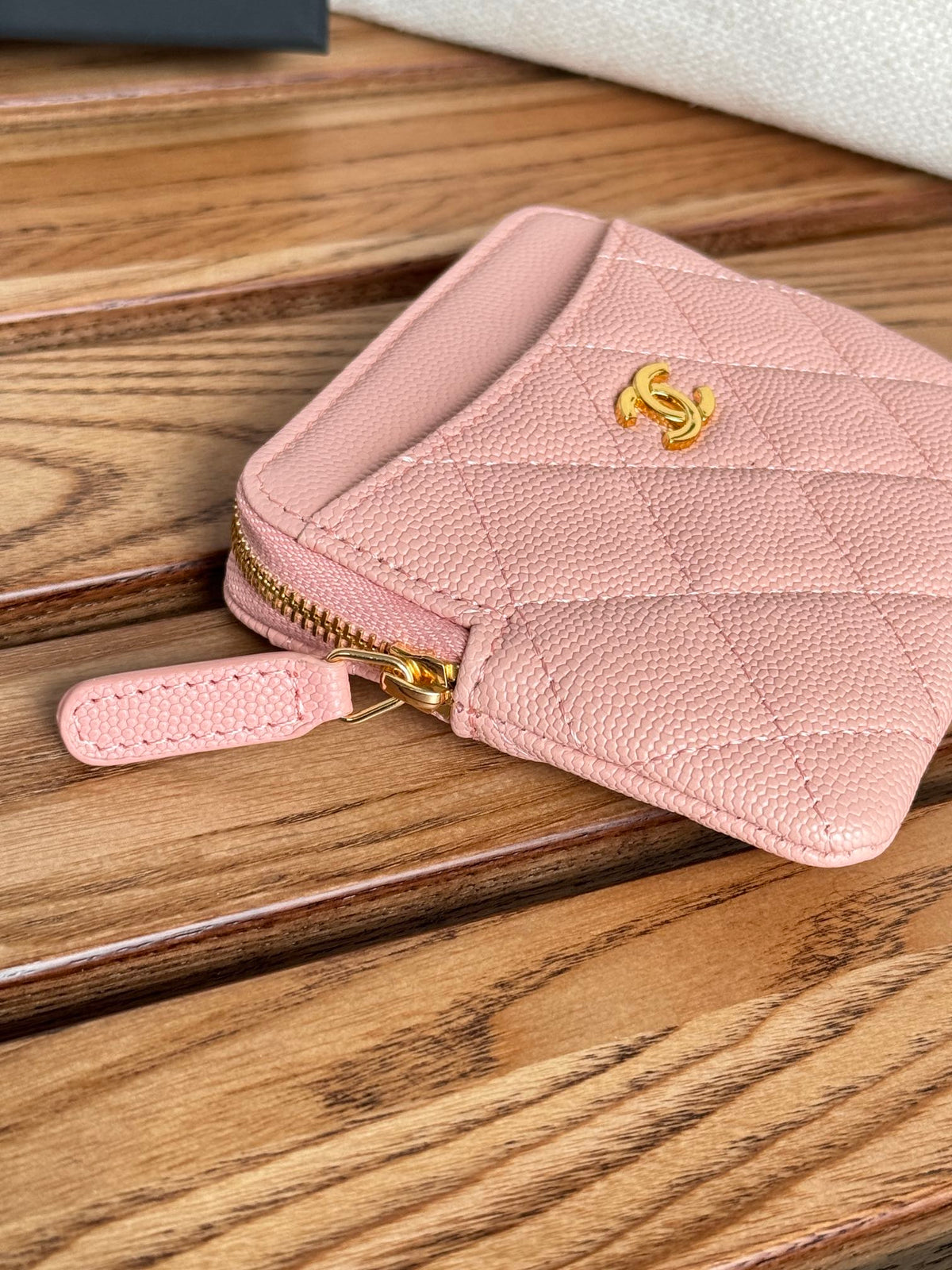 CC Zip Card Holder Wallet Light Pink Gold Metal Caviar 240615
