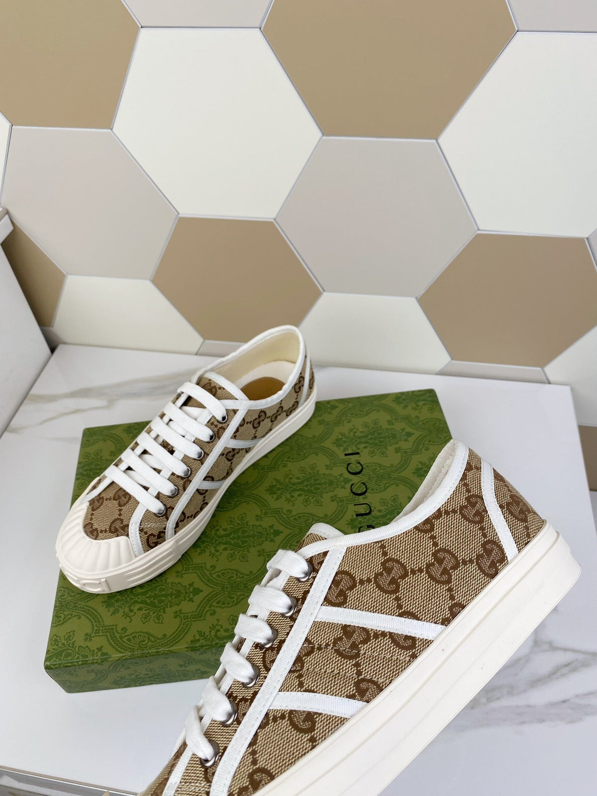 GG JULIO SNEAKER WITH WEB BROWN PATTERNED CANVAS