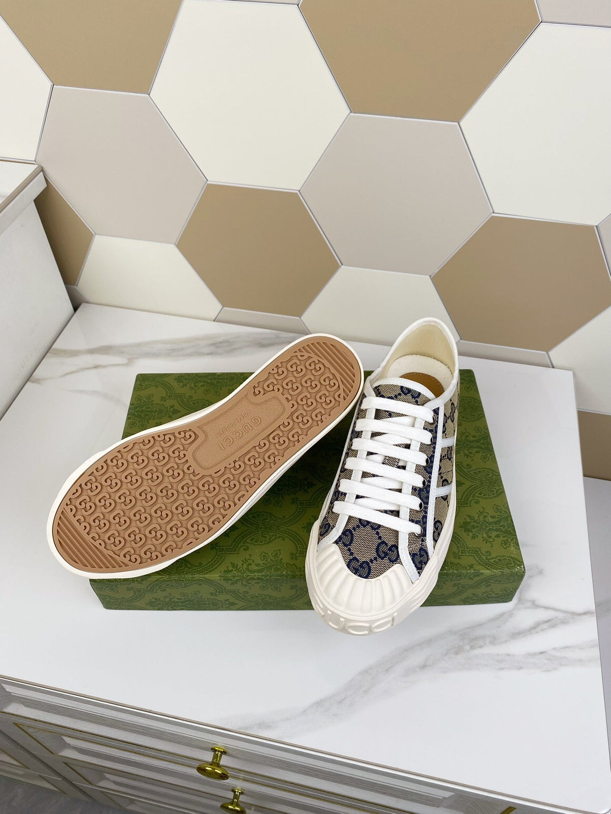 GG JULIO SNEAKER WITH WEB NAVY PATTERNED CANVAS