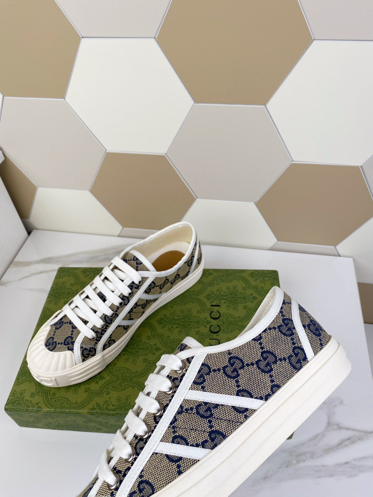 GG JULIO SNEAKER WITH WEB NAVY PATTERNED CANVAS